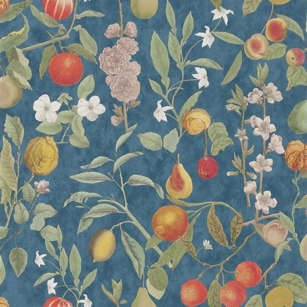 Orchard Fruits Indigo Wallpaper