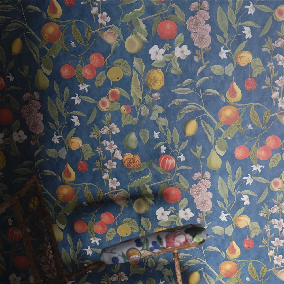 Orchard Fruits Indigo Wallpaper